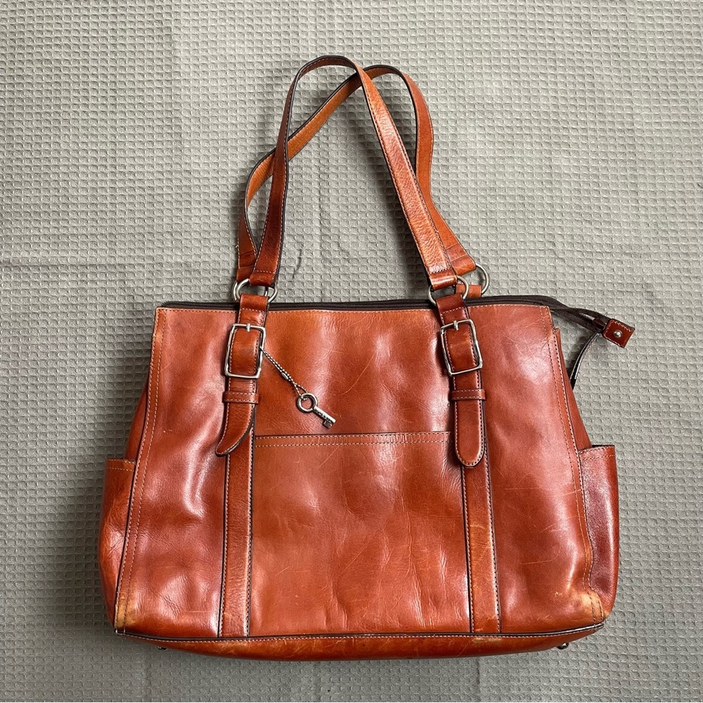 Fossil Cognac Leather Shoulder Bag Tote Purse Vintage